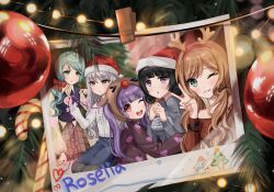 5girls aqua_hair bang_dream! black_hair brown_hair green_eyes grey_hair hat highres hikawa_sayo imai_lisa long_hair minato_yukina multiple_girls purple_eyes purple_hair red_eyes roselia_(bang_dream!) santa_hat shirokane_rinko udagawa_ako yellow_eyes