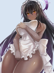 Rule 34 | apron, black hair, blue archive, blue background, breasts, dark-skinned female, dark skin, edobox, from below, karin (blue archive), large breasts, maid, naked apron, solo, yellow eyes