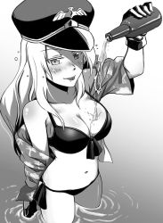 Rule 34 | 1girl, bikini, blush, bottle, breasts, cleavage, come hither, from above, front-tie bikini top, front-tie top, gloves, gradient background, greyscale, hat, large breasts, long hair, military hat, monochrome, naughty face, navel, off shoulder, original, panties, partially submerged, pouring, pouring onto self, seductive gaze, seductive smile, side-tie panties, smile, solo, songwut ouppakarndee, spilling, standing, swimsuit, tongue, tongue out, underwear, wading