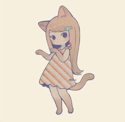 Rule 34 | 1girl, animal ears, ayu (mog), barefoot, blush, brown hair, cat ears, cat tail, closed mouth, commentary, dark skin, dark-skinned female, diagonal stripes, dress, english commentary, fish hair ornament, full body, hair ornament, long hair, looking at viewer, lowres, mixed-language commentary, no nose, original, paw pose, signature, simple background, solo, striped, tail, yellow background