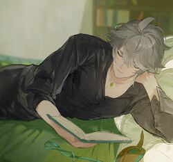 Rule 34 | 1boy, ahoge, alhaitham (genshin impact), alternate costume, bed, bedroom, black pants, black shirt, blanket, blurry, blurry background, book, bookshelf, buttons, closed eyes, closed mouth, collarbone, collared shirt, crystal, genshin impact, grey hair, hair between eyes, hand on own head, hand up, highres, holding, holding book, indoors, long sleeves, lying, male focus, on side, open book, pants, pillow, sachico66, shirt, short hair, solo