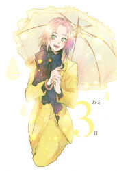 Rule 34 | 1girl, :d, alternate costume, blush, cropped legs, green eyes, hair intakes, haruno sakura, highres, holding, holding umbrella, jacket, long sleeves, looking to the side, naruto (series), naruto shippuuden, open clothes, open jacket, open mouth, pants, pink hair, short hair, smile, solo, standing, suzu (tg 390), umbrella, white background, white umbrella, yellow jacket, yellow pants