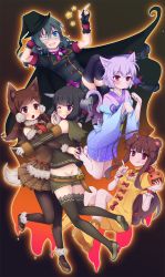 Rule 34 | 10s, 5girls, ahoge, alternate costume, animal ears, black gloves, black hair, brown hair, cat ears, cat tail, closed mouth, commentary request, fang, fingerless gloves, gloves, halloween, halloween costume, hat, highres, kantai collection, kiso (kancolle), kitakami (kancolle), ko yu, kuma (kancolle), long hair, long sleeves, multiple girls, one eye closed, ooi (kancolle), open mouth, purple hair, red ribbon, ribbon, short hair, short sleeves, tail, tama (kancolle), tongue, tongue out, wrist cuffs
