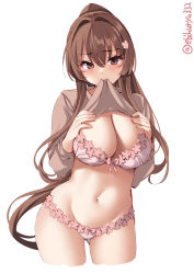 Rule 34 | 1girl, blush, bra, breasts, brown hair, cherry blossoms, cleavage, clothes lift, clothes pull, cowboy shot, ebifurya, hair between eyes, hair intakes, highres, holding, kantai collection, large breasts, lifting own clothes, long hair, long sleeves, looking at viewer, navel, official alternate costume, panties, pink bra, pink panties, ponytail, simple background, solo, sweater, sweater pull, twitter username, underwear, very long hair, white background, yamato (kancolle)
