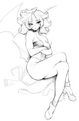 Rule 34 | 1girl, aeyga, bare arms, bare shoulders, breasts, choker, cleavage, commentary, crossed arms, crossed legs, demon girl, demon horns, demon wings, dot nose, drawing, english commentary, eyelashes, full body, greyscale, high heels, highleg, highleg panties, highres, horns, lace, lace-trimmed panties, lace trim, looking away, monochrome, open mouth, original, panties, platform footwear, platform heels, revealing clothes, simple background, single horn, sitting, solo, thighs, toned, underwear, v-shaped eyebrows, white background, wings