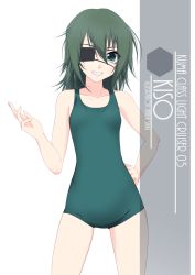 Rule 34 | 1girl, alternate costume, artist name, character name, collarbone, commentary request, cowboy shot, eyepatch, eyes visible through hair, flat chest, green eyes, green hair, green one-piece swimsuit, grin, hair between eyes, hand on own hip, highres, inaba shiki, kantai collection, kiso (kancolle), looking at viewer, new school swimsuit, one-hour drawing challenge, one-piece swimsuit, one eye covered, parted bangs, school swimsuit, short hair, simple background, smile, solo, swimsuit, white background