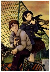 Rule 34 | 1boy, 1girl, abe yoshitoshi, absurdres, bicycle, bicycle basket, black hair, brown eyes, brown hair, chain-link fence, cigarette, coat, fence, highres, jacket, knife, long hair, mouth hold, multiple riders, non-web source, orange sky, original, outdoors, pants, plaid, plaid scarf, plaid skirt, pleated skirt, riding, scan, scarf, sidesaddle, skirt, sky, socks, sunset, winter clothes