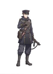 Rule 34 | 1boy, absurdres, bag, belt, belt buckle, black footwear, boots, brown gloves, brown hair, buckle, collar, facing viewer, full body, gloves, green eyes, grey pants, gun, hat, highres, holding, holding gun, holding weapon, long sleeves, looking to the side, male focus, map case, military, military hat, military uniform, original, pants, sherman (egnk2525), solo, standing, submachine gun, transparent background, uniform, weapon