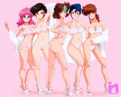 Rule 34 | 1980s (style), 5girls, arm around waist, artist name, ass, black hair, blue hair, bra, breasts, brown eyes, brown hair, bubblegum crisis, cleavage, collarbone, commentary, commission, english commentary, full body, green eyes, green hair, hairband, hand on another&#039;s hip, hands on own back, high heels, linna yamazaki, looking at viewer, looking to the side, medium breasts, medium hair, multicolored hair, multiple girls, navel, nene romanova, off shoulder, oldschool, panties, parted lips, photo-referenced, pink background, pink hair, pink hairband, priscilla asagiri, reika chang, retro artstyle, saotome nanda, short hair, smile, streaked hair, sweater, sylia stingray, thong, underwear, watermark, white bra, white footwear, white panties, white sweater