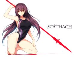 Rule 34 | 1girl, alternate costume, arm up, armpits, bare arms, bare legs, bare shoulders, barefoot, breasts, character name, closed mouth, collarbone, competition swimsuit, fate/grand order, fate (series), full body, gae bolg (fate), halcon, holding, holding weapon, kneeling, large breasts, legs apart, long hair, looking at viewer, one-piece swimsuit, polearm, purple hair, red eyes, scathach (fate), simple background, smile, solo, swimsuit, weapon, white background