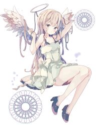 Rule 34 | 1girl, absurdres, arm behind head, arm up, bare arms, bare shoulders, black footwear, blush, brown hair, closed mouth, dress, feathered wings, full body, green dress, halo, high heels, highres, long hair, looking at viewer, original, purple eyes, shoes, simple background, sitting, sleeveless, sleeveless dress, solo, tsukiyo (skymint), very long hair, white background, white wings, wings