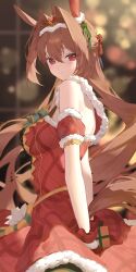 Rule 34 | 1girl, absurdres, animal ears, arms behind back, bare shoulders, blurry, blurry background, blush, bow, box, breasts, brown hair, christmas, christmas tree, closed mouth, daiwa scarlet (scarlet nuit etoile) (umamusume), daiwa scarlet (umamusume), dress, dress bow, ear covers, from side, fur-trimmed dress, fur-trimmed gloves, fur trim, gift, gift box, gloves, hair between eyes, hair bow, hair down, hair intakes, highres, holding, holding box, horse ears, horse girl, horse tail, iwashi 111, large breasts, long hair, looking at viewer, mistletoe hair ornament, official alternate costume, official alternate hairstyle, plaid, plaid dress, plaid sleeves, red dress, red eyes, red gloves, santa dress, single ear cover, smile, solo, tail, tiara, umamusume, very long hair
