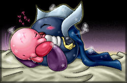 Rule 34 | 1boy, 1other, anus, armor, bed, black background, blush, cape, closed eyes, colored skin, face-to-face, facing another, feet, unworn footwear, french kiss, gloves, gradient background, heavy breathing, holding, holding hands, holding person, kirby, kirby (series), kiss, kurobedamu, lowres, mask, unworn mask, meta knight, mittens, moaning, nintendo, no humans, open mouth, pauldrons, penis, purple background, pussy, shoulder armor, sitting, size difference, star (symbol), steam, straddling, tongue, tongue out, vaginal