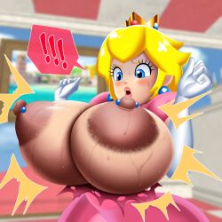 Rule 34 | 1girl, blonde hair, blue eyes, blush, breast expansion, breasts, breasts out, crown, disgusted, doompypomp, earrings, female focus, gigantic breasts, gloves, highres, huge breasts, hyper nipples, indoors, jewelry, large areolae, large breasts, lips, mario (series), nintendo, nipple piercing, on model, open mouth, piercing, princess peach, solo, super mario bros. 1, surprised, sweat, sweatdrop, sweaty breasts
