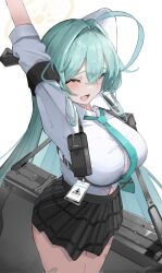 Rule 34 | 1girl, ahoge, aqua hair, aqua necktie, arm up, belt pouch, black skirt, blue archive, breasts, carrying over shoulder, chest harness, closed eyes, commentary request, dleung, hair intakes, harness, highres, id card, large breasts, long hair, long sleeves, necktie, open mouth, plaid, plaid skirt, pleated skirt, pouch, shirt, simple background, skirt, solo, stretching, white background, white shirt, yume (blue archive)