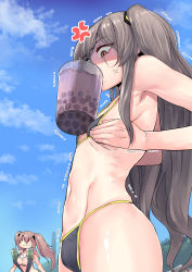 Rule 34 | 2girls, anger vein, between breasts, bikini, black bikini, black one-piece swimsuit, blue sky, breast envy, breasts, breasts squeezed together, brown eyes, brown hair, bubble tea challenge, chung cthemax, cloud, day, flat chest, girls&#039; frontline, grey hair, hair between eyes, hair ornament, hairclip, highres, large breasts, long hair, looking down, multiple girls, one-piece swimsuit, one side up, outdoors, ribs, scar, scar across eye, scar on face, shaded face, shiny skin, sky, slingshot swimsuit, smile, swimsuit, tearing up, trembling, twintails, ump45 (girls&#039; frontline), ump9 (girls&#039; frontline)