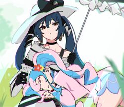 Rule 34 | 2girls, atenaba, black bow, black choker, black gloves, blue hair, bow, choker, closed eyes, closed mouth, commentary, creatures (company), dark miku (project voltage), day, dress, earrings, fairy miku (project voltage), game freak, gloves, grass, hashtag only commentary, hat, hat bow, hatsune miku, highres, holding, holding umbrella, jacket, jewelry, lap pillow, long hair, long sleeves, looking at viewer, multicolored hair, multiple girls, nintendo, on ground, outdoors, parted lips, pink hair, pink jacket, pokemon, project voltage, red eyes, sleeping, sleeping on person, streaked hair, sweatdrop, twintails, umbrella, vocaloid, white dress, white headwear