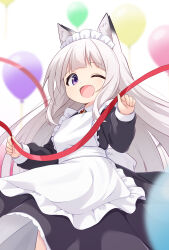 Rule 34 | 1girl, animal ear fluff, animal ears, apron, arched bangs, balloon, black dress, blunt bangs, blurry, blurry background, brooch, cowboy shot, dress, fang, fox ears, fox girl, frilled apron, frills, grey hair, highres, jewelry, long hair, long sleeves, looking at viewer, maid, maid apron, maid headdress, mogura2009, one eye closed, open mouth, original, puffy long sleeves, puffy sleeves, purple eyes, red ribbon, ribbon, solo, white apron
