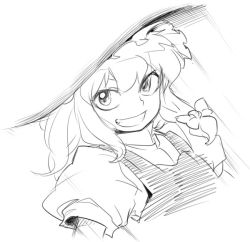 Rule 34 | 1girl, bad id, bad pixiv id, face, female focus, greyscale, grin, kirisame marisa, monochrome, simple background, smile, solo, spacezin, touhou, white background