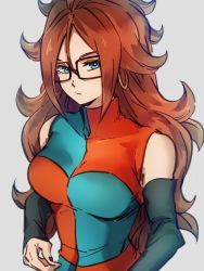 Rule 34 | 1girl, android 21, black-framed eyewear, blue eyes, breasts, checkered clothes, checkered dress, closed mouth, detached sleeves, dragon ball, dragon ball fighterz, dress, earrings, glasses, grey background, hair between eyes, hoop earrings, jewelry, kemachiku, long hair, looking at viewer, medium breasts, red hair, simple background, solo
