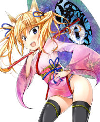 Rule 34 | 1girl, animal ears, black thighhighs, blonde hair, blue eyes, female focus, fox ears, japanese clothes, kimono, open mouth, original, panties, pantyshot, simple background, smile, solo, stem (roam), thighhighs, twintails, umbrella, underwear, white background, white panties