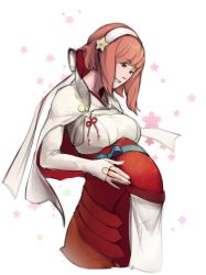 Rule 34 | 1girl, blush, fire emblem, fire emblem fates, hairband, hands on own stomach, highres, japanese clothes, jeffryhangover, miko, nintendo, pink eyes, pink hair, pregnant, sakura (fire emblem), short hair, simple background, smile, solo, upper body