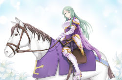 Rule 34 | 1girl, armor, armored boots, black pants, boots, breastplate, cape, cecilia (fire emblem), dress, elbow gloves, fire emblem, fire emblem: the binding blade, flower, gloves, green hair, ham pon, highres, holding, holding reins, horse, horseback riding, long hair, looking at viewer, nintendo, pants, purple cape, purple dress, purple eyes, reins, riding, saddle, smile, solo, white flower, white footwear, white gloves, white horse