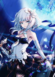 Rule 34 | 1girl, absurdres, bare shoulders, blue background, blue eyes, breasts, cleavage cutout, clothing cutout, dincat, elbow gloves, flower, gloves, hair flower, hair ornament, highres, looking at viewer, medium breasts, moon, sdorica, shion (sdorica), short hair, silver hair, sione aldric, solo, standing, sword, thigh strap, weapon, white gloves