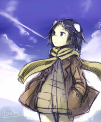 Rule 34 | 10s, 1girl, :o, animal ears, artist name, black hair, blue sky, blush, brave witches, cloud, day, dog ears, extra ears, gradient background, hands in pockets, izuoku, jacket, kanno naoe, long sleeves, open mouth, overalls, purple eyes, scarf, short hair, sky, solo, strike witches, world witches series