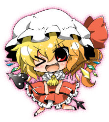 Rule 34 | &gt;:d, 1girl, :d, ;d, bad id, bad pixiv id, blonde hair, blush, chibi, dress, fang, female focus, flandre scarlet, laevatein, lance, noai nioshi, one eye closed, open mouth, polearm, red eyes, short hair, side ponytail, smile, solo, embodiment of scarlet devil, touhou, v-shaped eyebrows, weapon, wings
