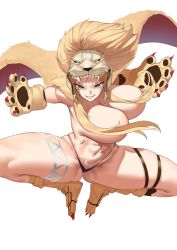 Rule 34 | 1girl, abs, absurdres, animal hands, blonde hair, body markings, breasts, cape, convenient censoring, gloves, grin, hair censor, hair over breasts, highres, huge breasts, jumping, last origin, lion hood, lion mane, long hair, navel, paw gloves, queen of mane, siguya, simple background, smile, solo, topless, white background, yellow eyes
