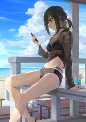 Rule 34 | 1girl, absurdres, ano (gccx8784), arm support, barbell piercing, beach, bikini, bikini under clothes, black bikini, black choker, black hair, blonde hair, cellphone, choker, cloud, commentary request, day, drinking straw, ear piercing, earrings, from side, glass, highres, holding, holding phone, idolmaster, idolmaster shiny colors, ikaruga luca, jewelry, long sleeves, looking at phone, medium hair, multicolored hair, nail polish, navel piercing, outdoors, phone, piercing, profile, see-through, see-through shirt, shirt, short ponytail, sitting, smartphone, solo, swimsuit, table, tied shirt, two-tone hair, water, wooden floor, wooden table, yellow eyes