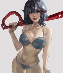 Rule 34 | absurdres, bra, breasts, highres, kill la kill, large breasts, looking at viewer, matoi ryuuko, midriff, multicolored hair, over shoulder, panties, short hair, striped bra, striped clothes, striped panties, sword, thighs, trigger (company), tristan mori, two-tone hair, underwear, weapon, weapon over shoulder