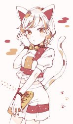Rule 34 | 1girl, animal ears, bell, black wristband, cat ears, cat tail, coin, commentary request, cowboy shot, gold, goutokuji mike, hand on own cheek, hand on own face, hand up, koban (gold), looking at viewer, mozukuzu (manukedori), multicolored clothes, multicolored hair, multicolored shirt, multicolored skirt, neck bell, orange hair, paw print, paw print background, shirt, short hair, short sleeves, skirt, solo, tail, touhou, white hair, white shirt, white skirt, wristband