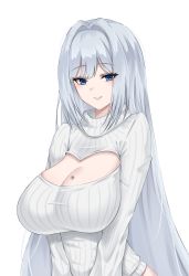 Rule 34 | 1girl, absurdres, blue eyes, breast tattoo, breasts, cleavage, cleavage cutout, closed mouth, clothing cutout, crimecrime, ethel (xenoblade), grey hair, highres, large breasts, long hair, looking at viewer, meme attire, open-chest sweater, simple background, solo, sweater, tattoo, upper body, very long hair, white background, xenoblade chronicles (series), xenoblade chronicles 3