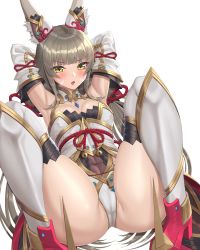 Rule 34 | 1girl, :o, absurdres, animal ears, blush, breasts, cameltoe, cleavage, closed mouth, covered navel, detached sleeves, grey hair, highres, lips, long hair, long sleeves, looking at viewer, medium breasts, nemunemu semi, nia (blade) (xenoblade), nia (xenoblade), open mouth, thighhighs, thighs, white background, white thighhighs, xenoblade chronicles (series), xenoblade chronicles 2, yellow eyes