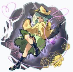 Rule 34 | 1girl, absurdres, black footwear, black hat, boots, bow, buttons, collar, commentary request, diamond button, frilled collar, frilled skirt, frilled sleeves, frills, green eyes, green skirt, hat, hat bow, heart, heart of string, highres, kinoko (kino2435006), knees, komeiji koishi, light green hair, long sleeves, looking at viewer, shirt, short hair, skirt, sleeves past fingers, sleeves past wrists, smug, solo, third eye, touhou, wide sleeves, yellow bow, yellow shirt