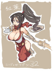 Rule 34 | artist request, black hair, breasts, cleavage, elbow gloves, gauntlets, gloves, japanese clothes, large breasts, long hair, meme50, miko, momiji (ninja gaiden), ninja gaiden, ninja gaiden: dragon sword, oekaki, polearm, ponytail, purple eyes, scarf, source request, tagme, weapon