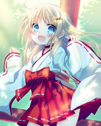Rule 34 | 1girl, alternate costume, artist request, bat hair ornament, blonde hair, blue eyes, choker, commentary request, cowboy shot, fang, hair ornament, hakama, highres, japanese clothes, kud wafter, little busters!, long hair, miko, noumi kudryavka, pillar, red hakama, solo, standing