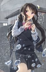 Rule 34 | 1girl, ^^^, bag, black hair, black skirt, blurry, blurry foreground, blush, bow, brick wall, cloud, cloudy sky, collared shirt, commentary request, day, depth of field, diagonal stripes, highres, holding, holding umbrella, house, long hair, long sleeves, low twintails, open mouth, original, outdoors, overcast, pentagon (railgun ky1206), pleated skirt, purple bow, purple eyes, rain, school bag, shirt, sidelocks, skirt, sky, snail, solo, splashing, standing, standing on one leg, striped, striped bow, sweater vest, teeth, thought bubble, transparent, transparent umbrella, twintails, umbrella, upper teeth only, v-shaped eyebrows, very long hair, water drop, white shirt