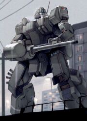 Rule 34 | absurdres, battle, building, cable, cannon, cityscape, commentary request, damaged, dirty, gun, gundam, gundam 08th ms team, highres, lamppost, light, machine gun, mecha, missile pod, mobile suit, no humans, original, radio antenna, reactive armor, robot, science fiction, takahashi masaki, weapon, window