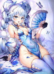 Rule 34 | 1girl, argyle, argyle clothes, argyle cutout, arm support, bare shoulders, black gloves, blue dress, blue eyes, blue flower, blue hair, blue thighhighs, breasts, bug, butterfly, china dress, chinese clothes, choker, clothing cutout, covered navel, dress, flower, girls&#039; frontline, gloves, gold trim, groin, hair ornament, hand fan, holding, insect, jacket, long hair, looking at viewer, medium breasts, narae, no bra, no panties, off shoulder, open clothes, open jacket, open mouth, pa-15 (alluring larkspur) (girls&#039; frontline), pa-15 (girls&#039; frontline), pelvic curtain, petals, puffy sleeves, quad braids, rose, sitting, skindentation, sleeveless, sleeveless dress, smile, solo, thighhighs, thighs, twintails, very long hair, white jacket