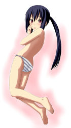 Rule 34 | 1girl, absurdres, akanbe, ass, back, bad id, bad pixiv id, barefoot, black hair, blush, brown eyes, eyelid pull, feet, flat ass, highres, k-on!, legs, long hair, mikepon (ota office), nakano azusa, panties, panties only, solo, striped clothes, striped panties, tongue, tongue out, topless, twintails, underwear, underwear only