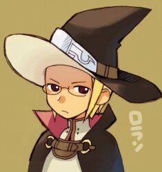 Rule 34 | 1boy, black cape, blonde hair, brown background, brown eyes, cape, closed mouth, fire emblem, fire emblem awakening, frown, glasses, hat, laurent (fire emblem), looking at viewer, lowres, male focus, nintendo, numae kaeru, short hair, simple background, solo, upper body, witch hat
