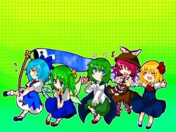 Rule 34 | 5girls, ^ ^, antennae, aqua hair, bad id, bad pixiv id, blonde hair, blue eyes, blush, bug, butterfly, cape, carp, cirno, closed eyes, daiyousei, fang, fish kite, flag, green hair, grin, hair ribbon, hat, insect, koinobori, multiple girls, musical note, mystia lorelei, outstretched arms, pink hair, ribbon, rumia, short hair, side ponytail, smile, spread arms, takamura, team 9 (touhou), touhou, windsock, wings, wriggle nightbug