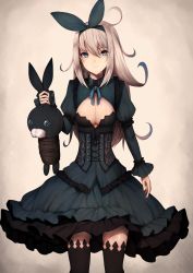 Rule 34 | 1girl, bad id, bad pixiv id, black dress, black thighhighs, blonde hair, blue eyes, bow, breasts, cleavage, closed mouth, corset, cowboy shot, dress, frills, gothic lolita, grabbing another&#039;s ear, grabbing another's ear, hair between eyes, hair bow, hairband, highres, holding, holding by the ears, juliet sleeves, lolita fashion, long hair, long sleeves, looking at viewer, medium breasts, original, puffy sleeves, rope, skinny, smile, snm (sunimi), solo, stuffed animal, stuffed rabbit, stuffed toy, thighhighs