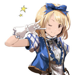 Rule 34 | 10s, 1girl, ;), \m/, alternate costume, blonde hair, blue ribbon, blush, bow, breasts, brown eyes, buttons, commentary, cropped jacket, djeeta (granblue fantasy), gloves, granblue fantasy, hair bow, hair ribbon, kimi to boku no mirai, looking at viewer, lowres, medium breasts, okuba, one eye closed, puffy short sleeves, puffy sleeves, ribbon, short hair, short sleeves, simple background, smile, solo, star (symbol), superstar (granblue fantasy), upper body, white background, white gloves