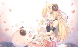 Rule 34 | 1girl, ahoge, alternate costume, armband, belt, blush, braid, breasts, falling petals, french braid, hair ornament, hairclip, hand up, happy tears, harp, highres, holding hands, holding paw, hololive, horns, instrument, large breasts, long hair, long skirt, one eye closed, padio apple, petals, red eyes, ripples, rose petals, sheep, sheep horns, shirt, sitting, skirt, sleeveless, sleeveless shirt, smile, solo, taut clothes, tears, tsunomaki watame, very long hair, virtual youtuber, wariza, white background, wiping tears, wrist cuffs