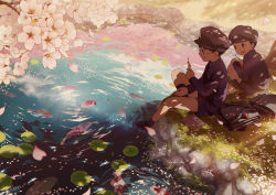 Rule 34 | 2boys, bag, black hair, cherry blossoms, child, dappled sunlight, day, eating, fish, flower, from above, full body, glasses, grass, hat, jacket, knee up, koi, long sleeves, male focus, multiple boys, noeyebrow (mauve), open mouth, original, outdoors, school bag, school uniform, shade, short hair, shorts, sitting, smile, spring (season), squatting, sunlight, tree, tree shade, water