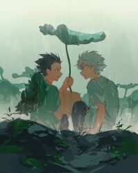Rule 34 | 2boys, black hair, black pants, closed mouth, corrupted twitter file, gon freecss, hat, highres, holding, hunter x hunter, killua zoldyck, leaf, looking at another, male focus, mei ren, multiple boys, open mouth, outdoors, pants, rain, shirt, sitting, smile, straw hat, white hair, white shirt